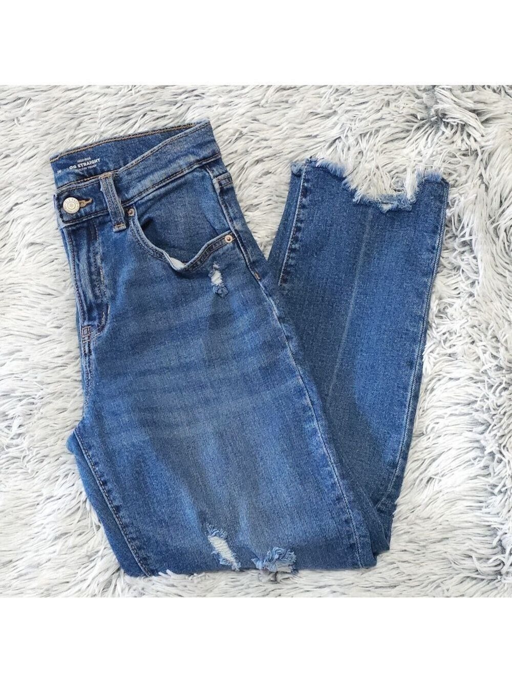 Old Navy OG Straight Medium Blue Frayed Hem Kids Jeans